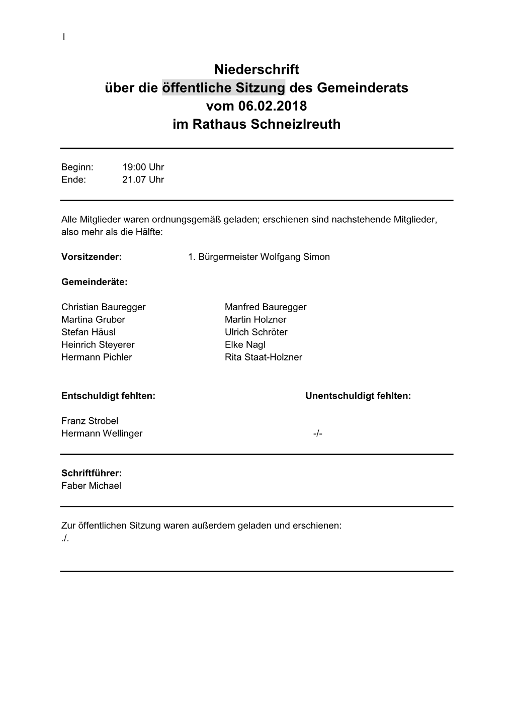 Niederschrift Über Die Öffentliche Sitzung Des Gemeinderats Vom 06.02.2018 Im Rathaus Schneizlreuth