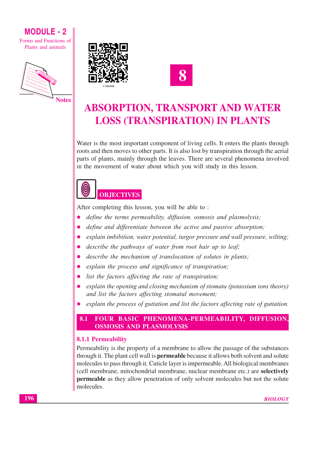 Absorption, Transport and Water Loss (Transpiration) in Plants