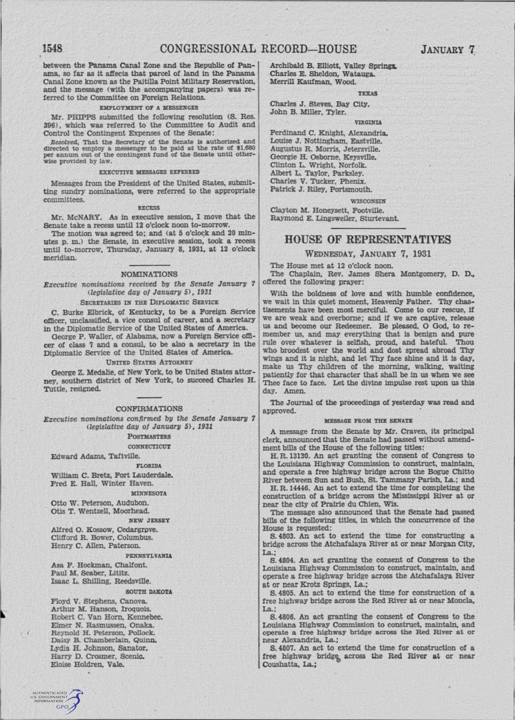 HOUSE of REPRESENTATIVES Until To-Morrow, Thursday, January 8, 1931, at 12 O'clock Meridian