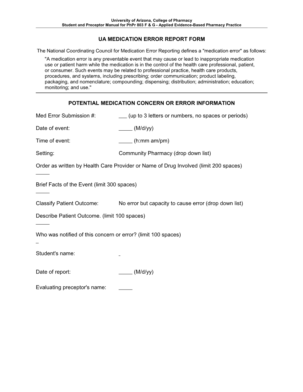 Ua Medication Error Report Form