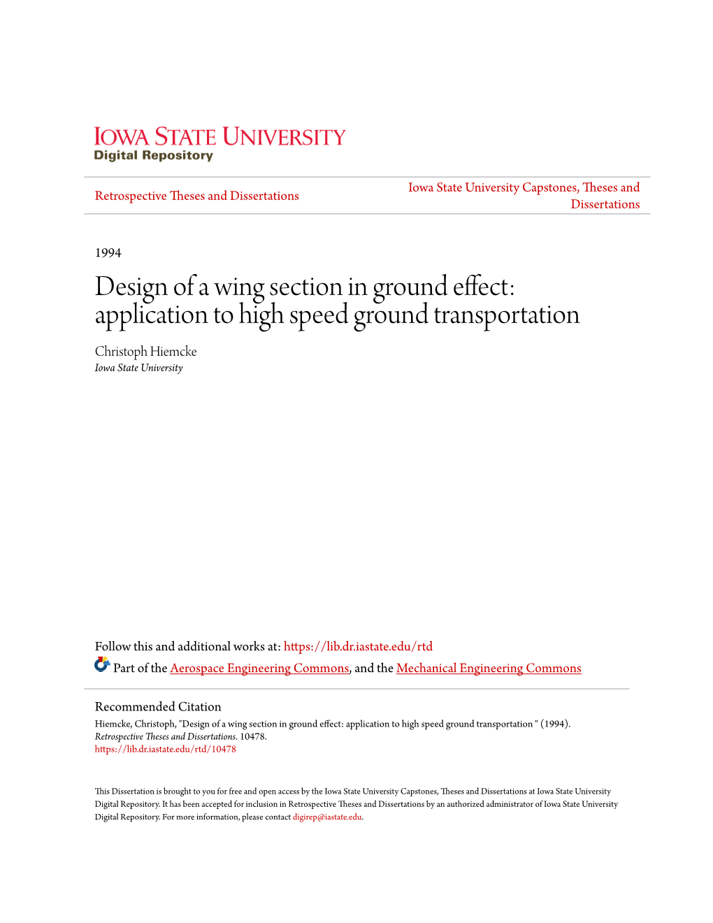 Design of a Wing Section in Ground Effect: Application to High Speed Ground Transportation Christoph Hiemcke Iowa State University