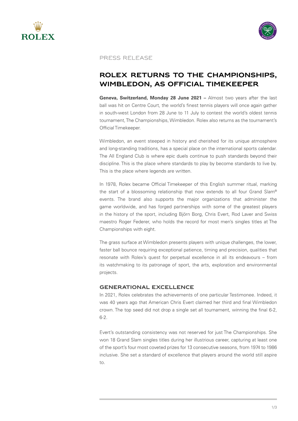 Rolex Returns to the Championships, Wimbledon, As Official Timekeeper