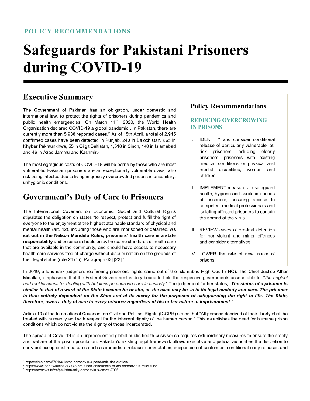 Policy Recommendations for Pakistani Prisoners During COVID-19