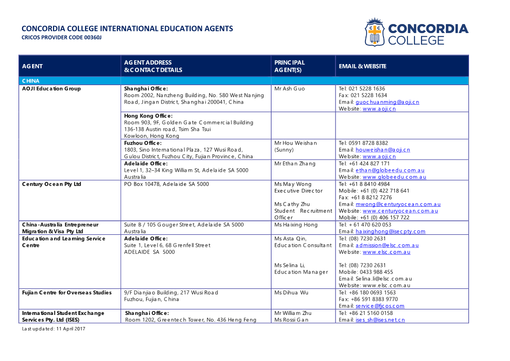 Concordia College International Education Agents Cricos Provider Code 00360J