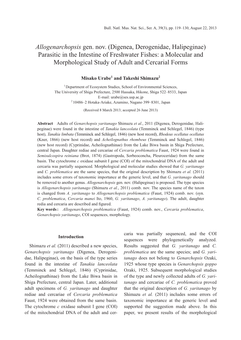 Allogenarchopsis Gen. Nov. (Digenea, Derogenidae, Halipeginae) Parasitic in the Intestine of Freshwater Fishes: a Molecular