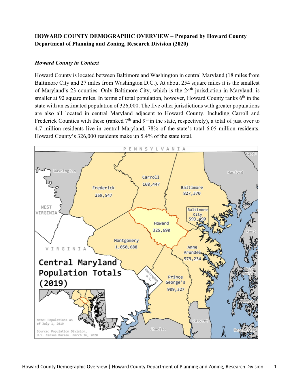 HOWARD COUNTY DEMOGRAPHIC OVERVIEW – Prepared by Howard County Department of Planning and Zoning, Research Division (2020)