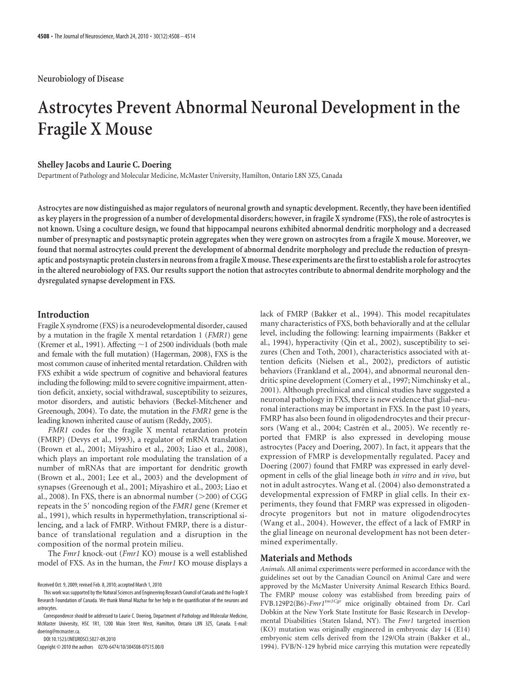 Astrocytes Prevent Abnormal Neuronal Development in the Fragile X Mouse