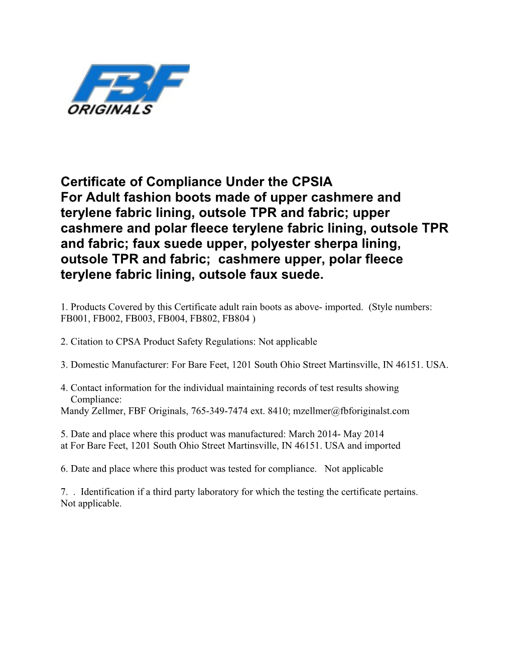 Certificate of Compliance Under the CPSIA