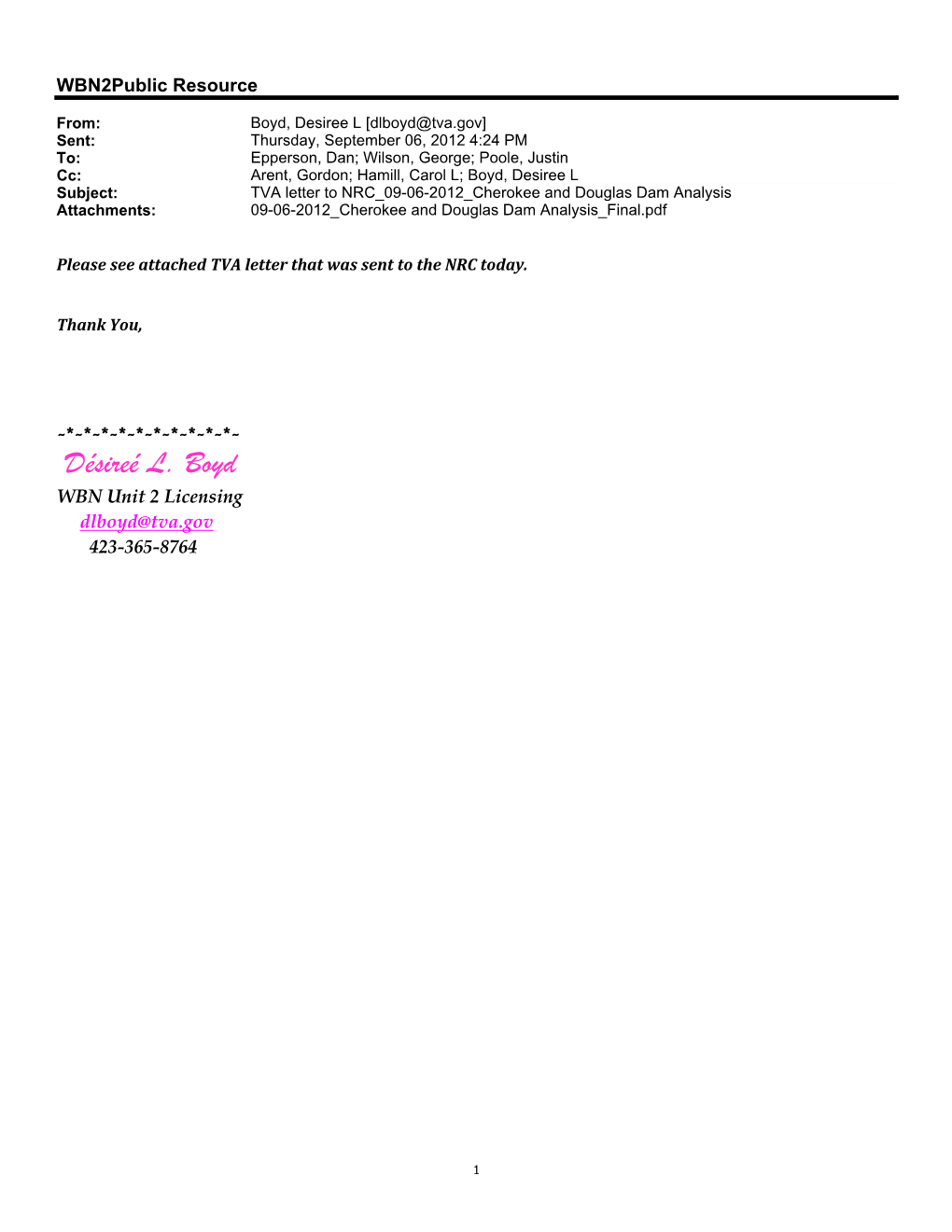 TVA Letter to NRC 09-06-2012 Cherokee and Douglas Dam Analysis Attachments: 09-06-2012 Cherokee and Douglas Dam Analysis Final.Pdf