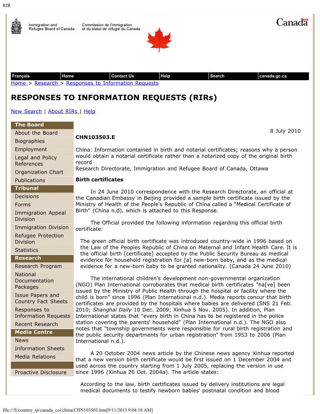 RESPONSES to INFORMATION REQUESTS (Rirs)