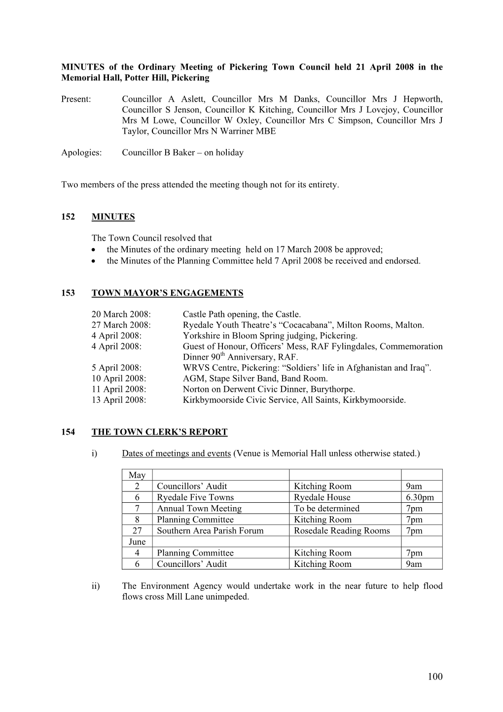 MINUTES of the Ordinary Meeting of Pickering Town Council Held 21 April 2008 in the Memorial Hall, Potter Hill, Pickering