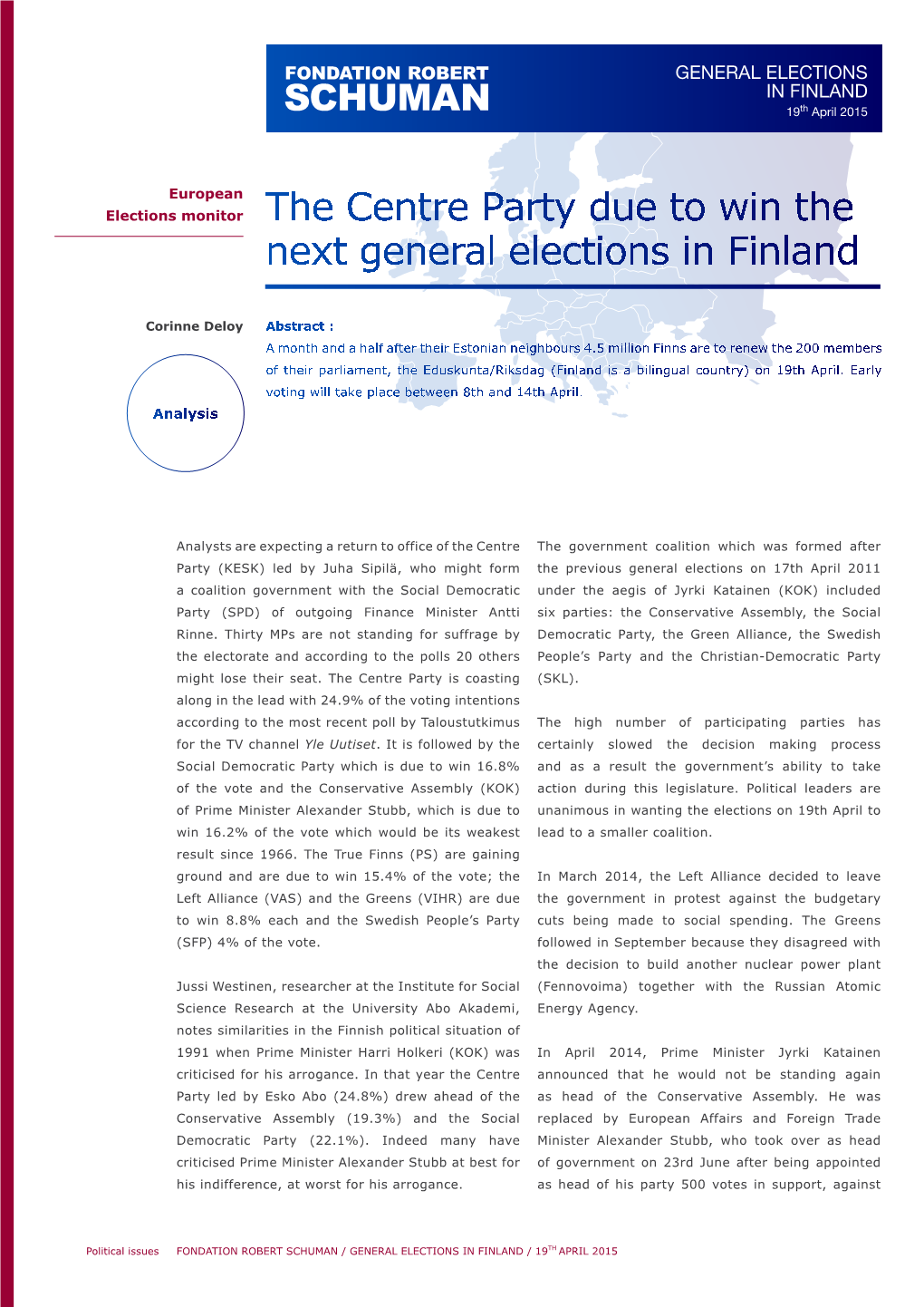 GENERAL ELECTIONS in FINLAND 19Th April 2015