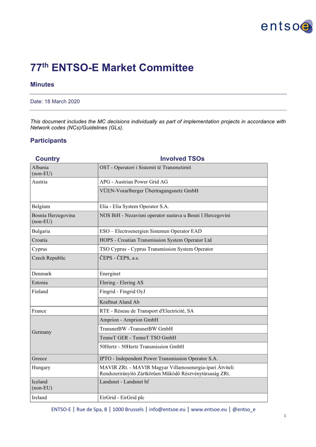 77Th ENTSO-E Market Committee