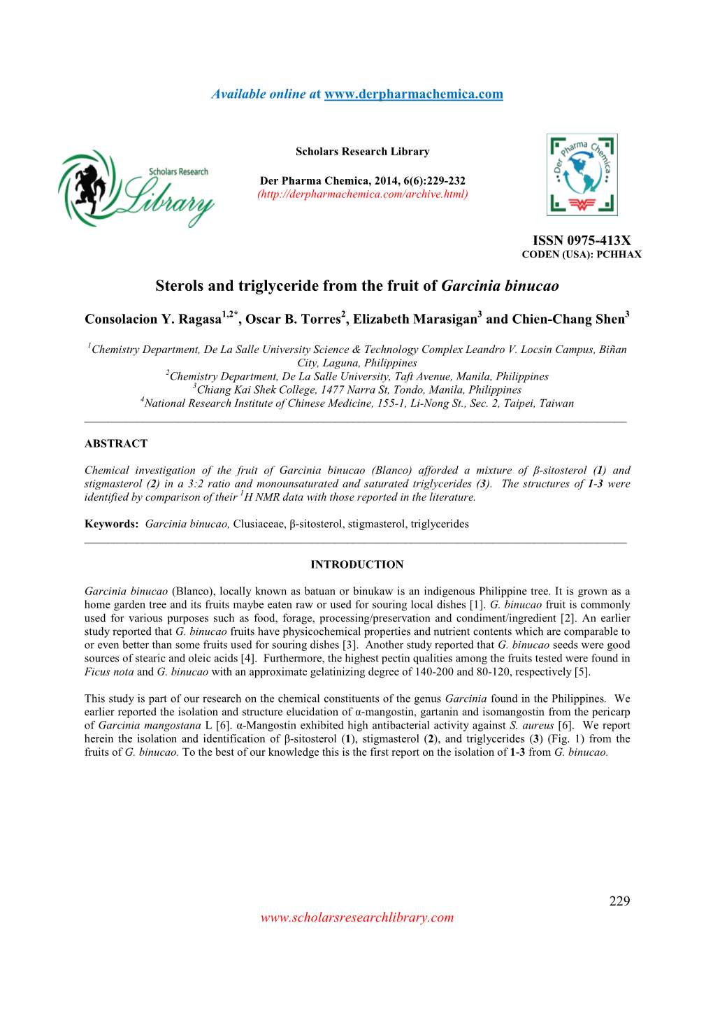 Sterols and Triglyceride from the Fruit of Garcinia Binucao