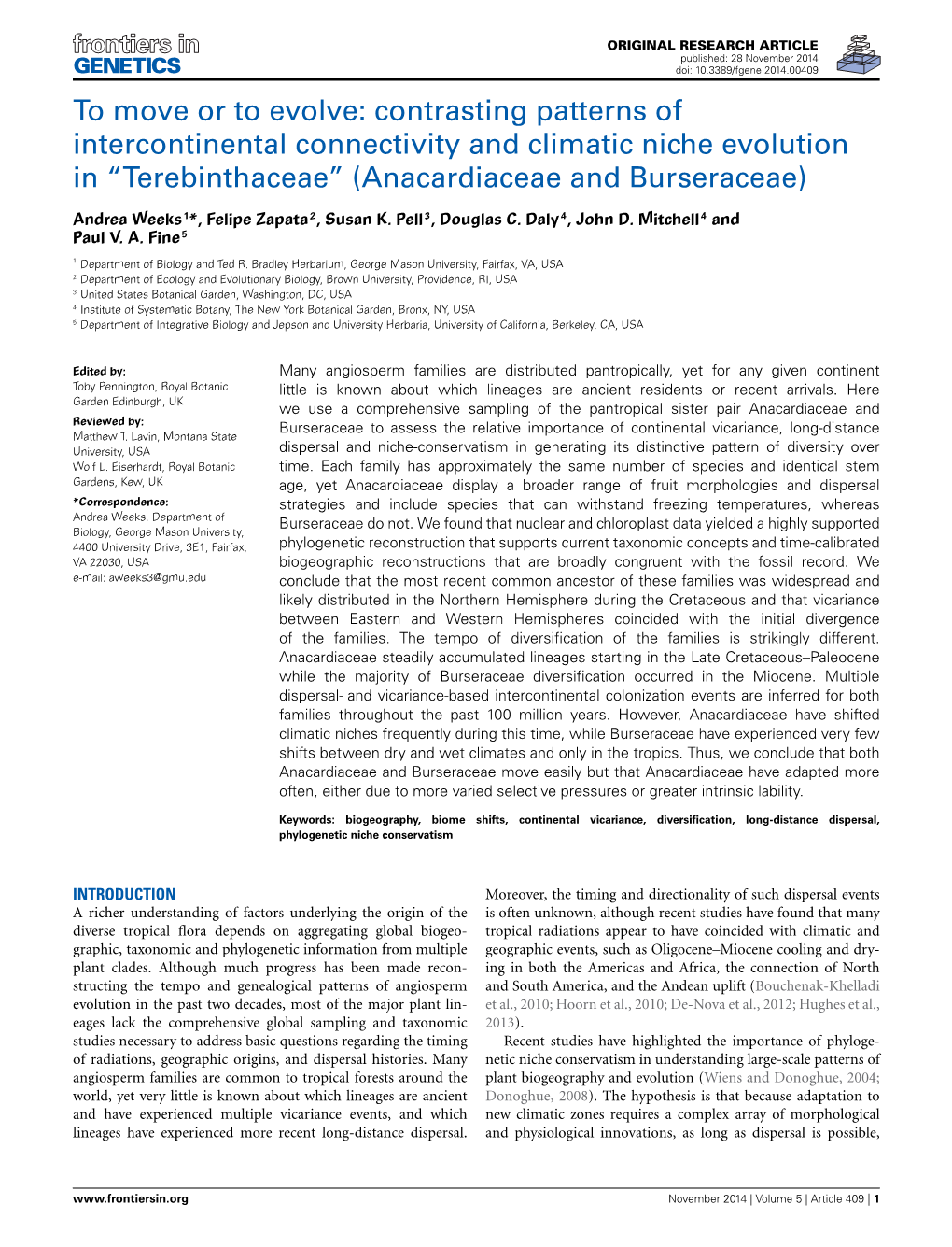 Contrasting Patterns of Intercontinental Connectivity and Climatic Niche Evolution in “Terebinthaceae” (Anacardiaceae and Burseraceae)