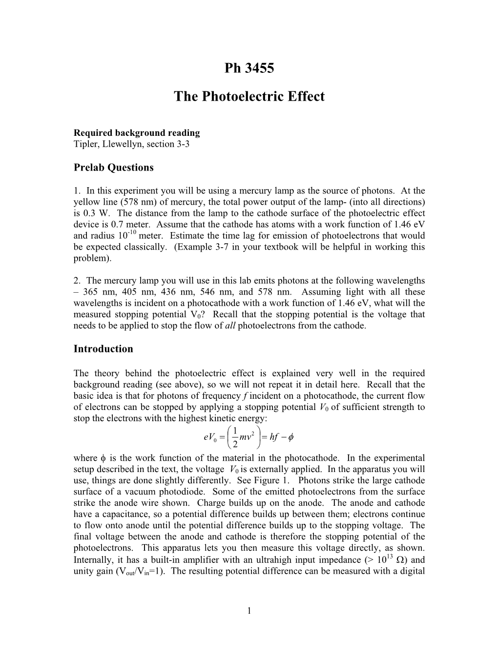 Ph 3455 the Photoelectric Effect