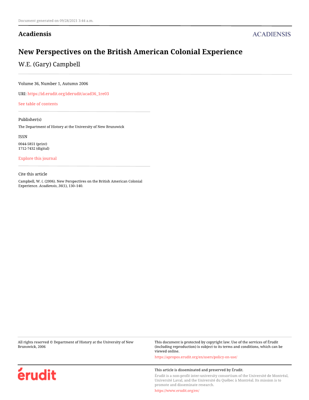 New Perspectives on the British American Colonial Experience W.E