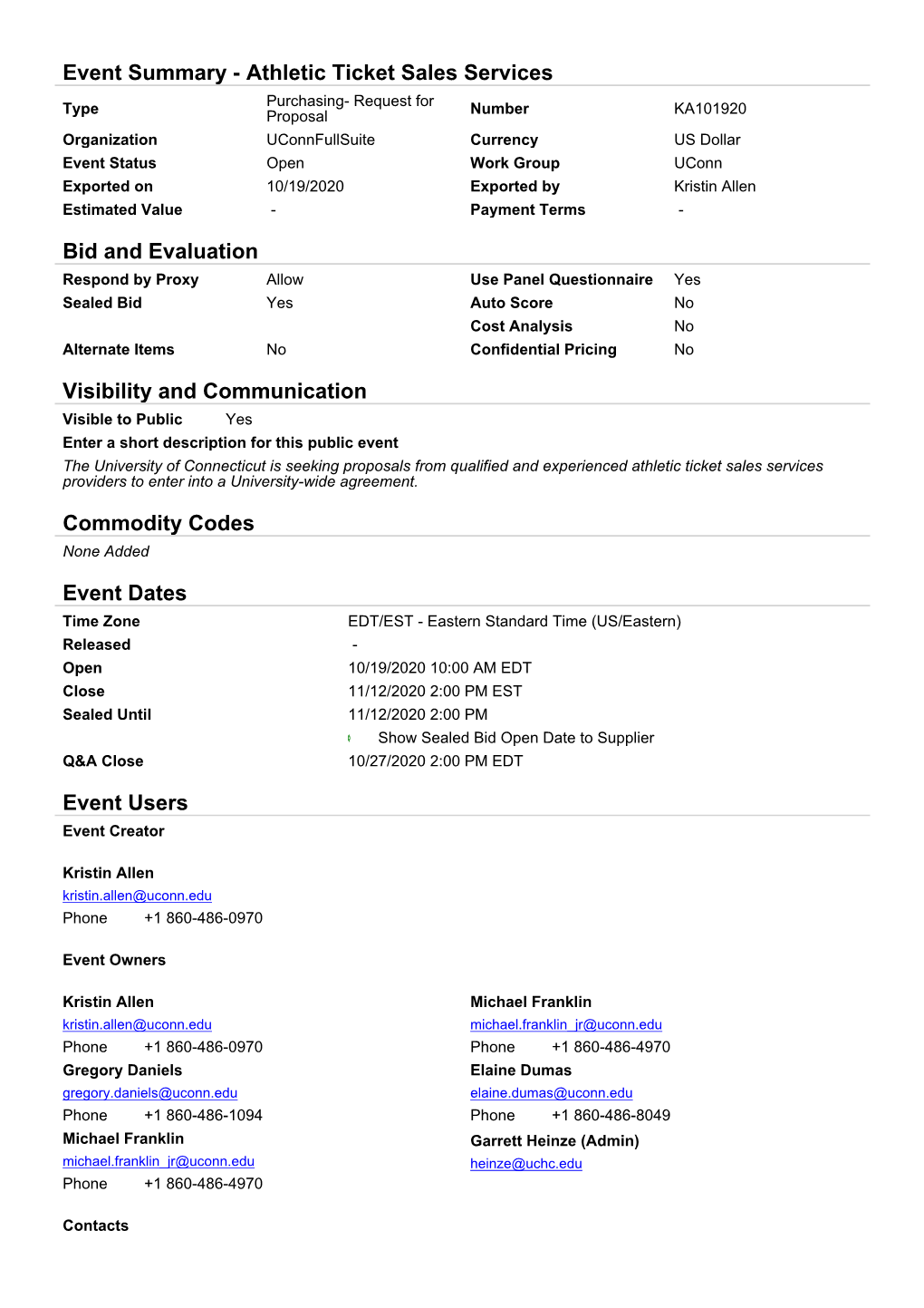 Athletic Ticket Sales Services Bid and Evaluation Visibility and Communication Commodity Codes Event Dates Event