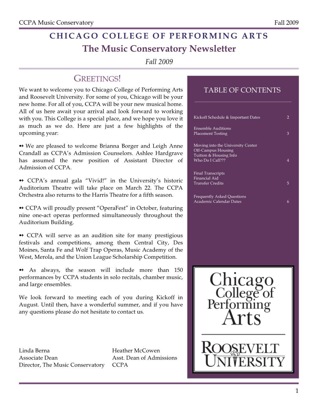 The Music Conservatory Newsletter Fall 2009