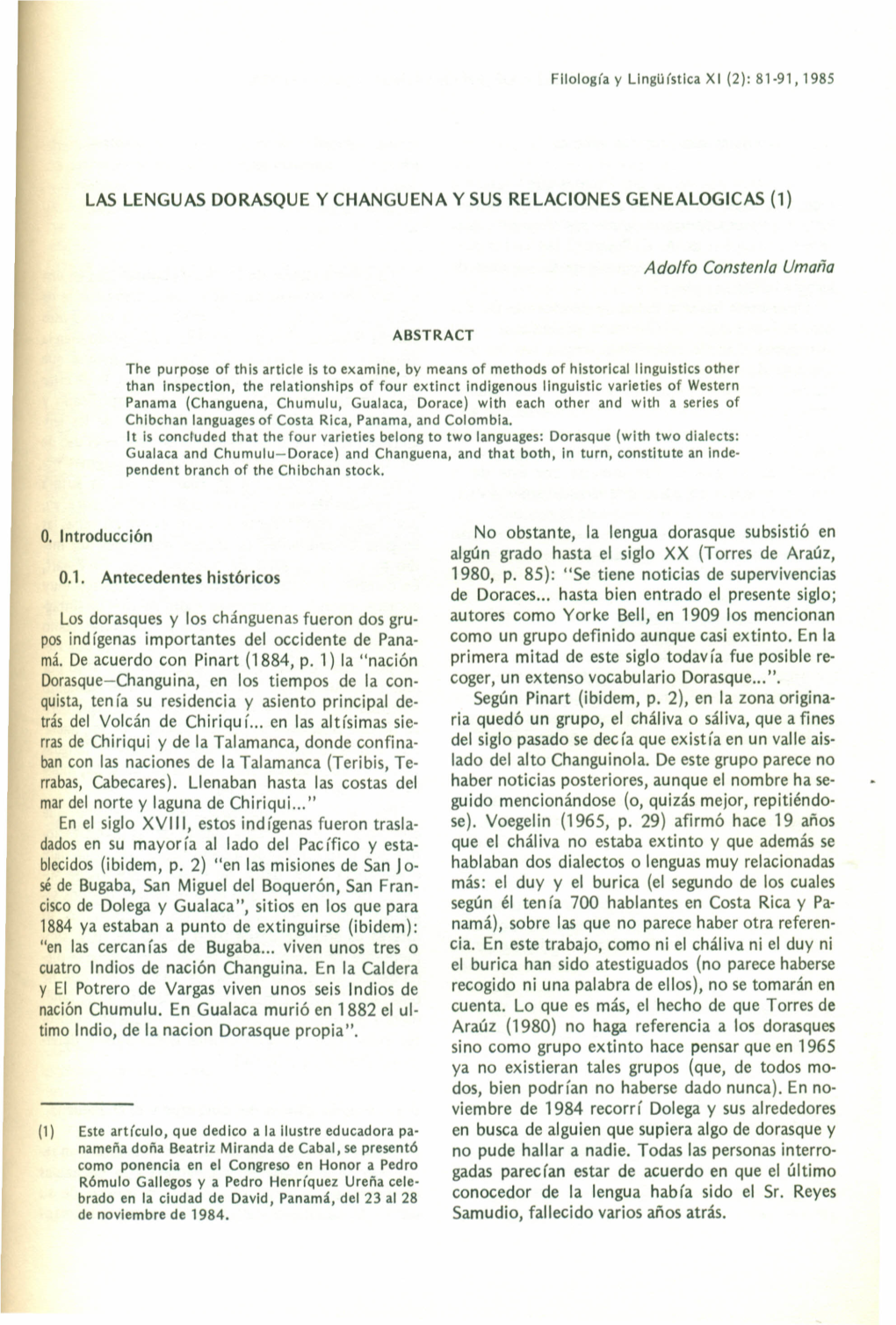 LAS LENGUAS DORASQUE Y CHANGUENA Y SUS RELACIONES GENEALOGICAS (1)