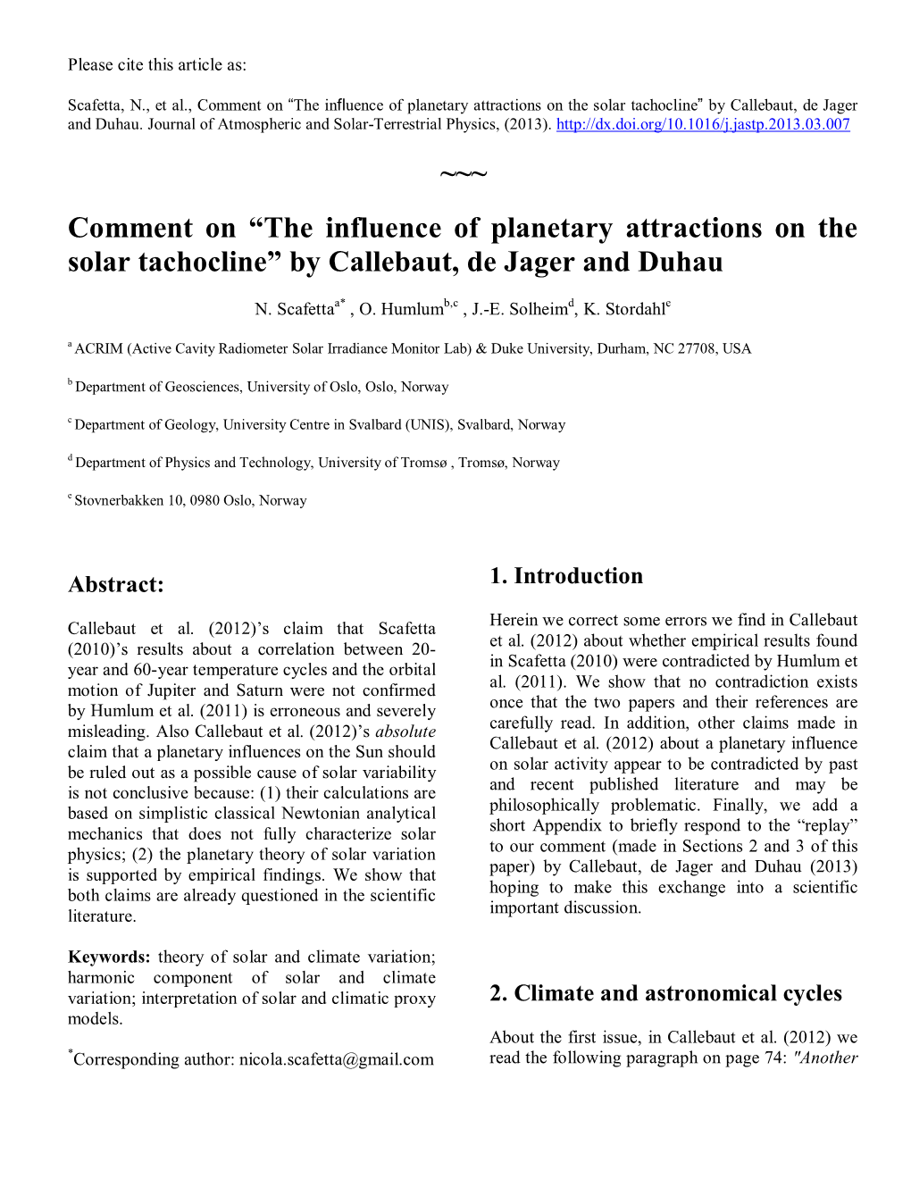 ~~~ Comment on “The Influence of Planetary Attractions on the Solar Tachocline” by Callebaut, De Jager and Duhau