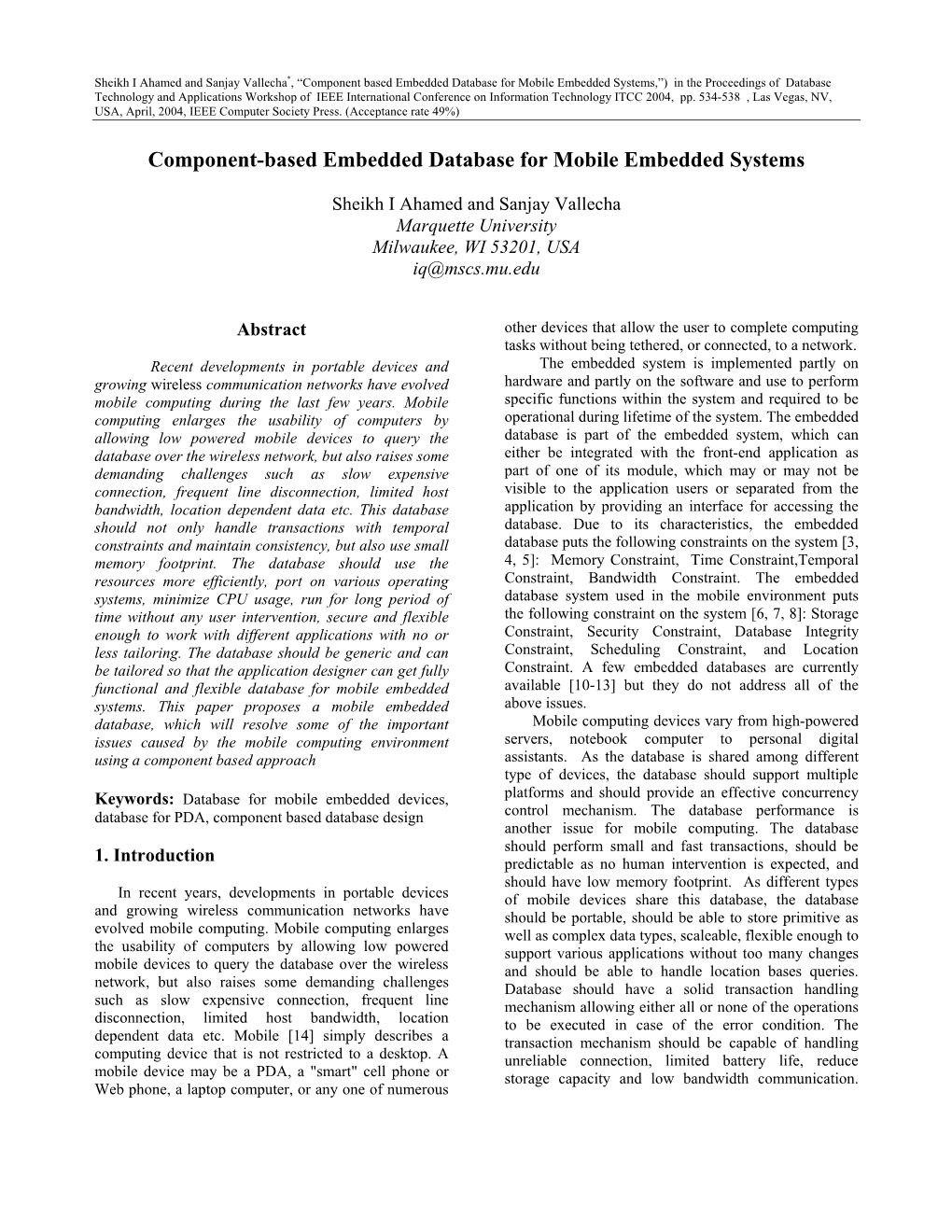 Component-Based Embedded Database for Mobile Embedded Systems