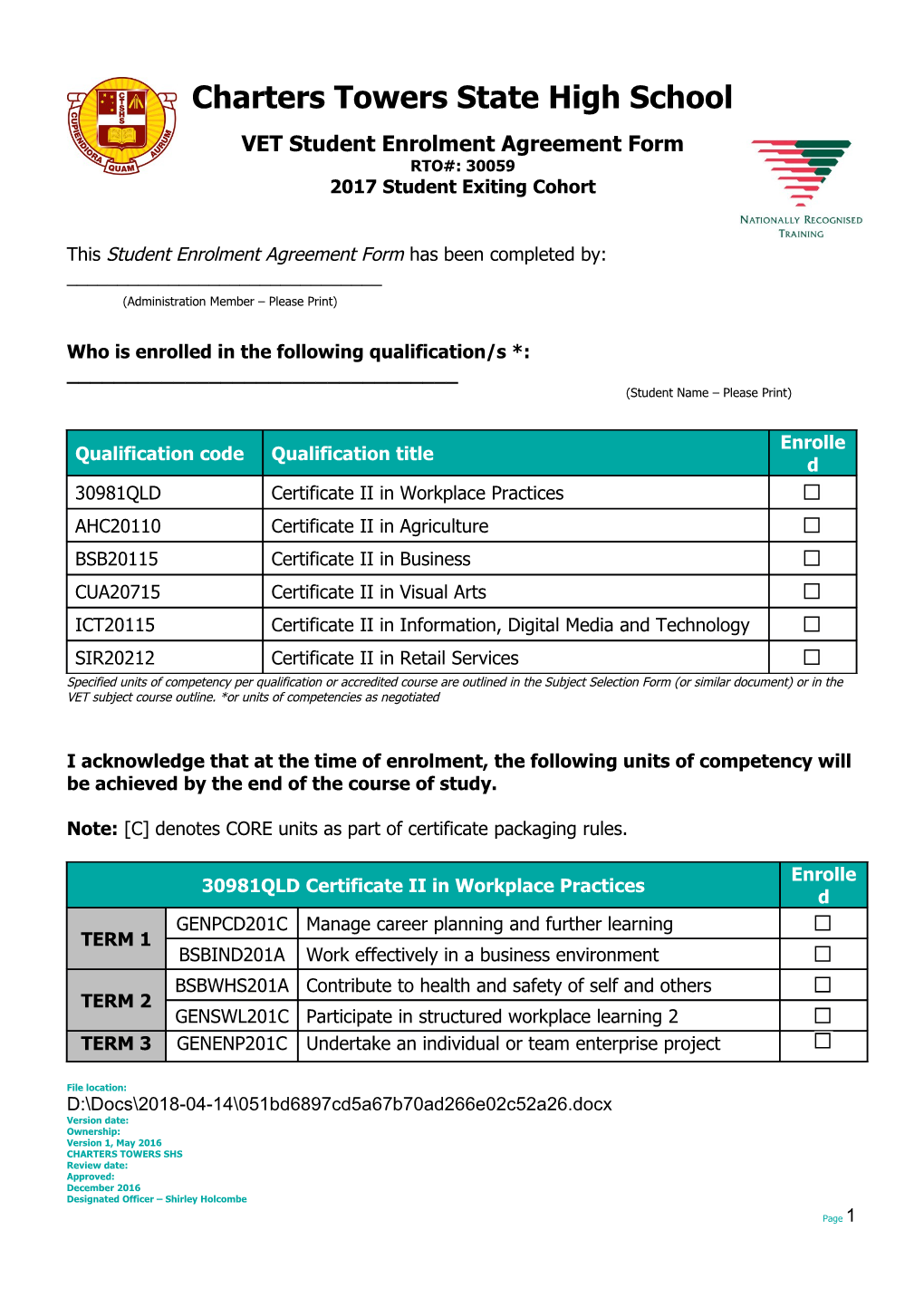 Year 12 VET Enrolment Form