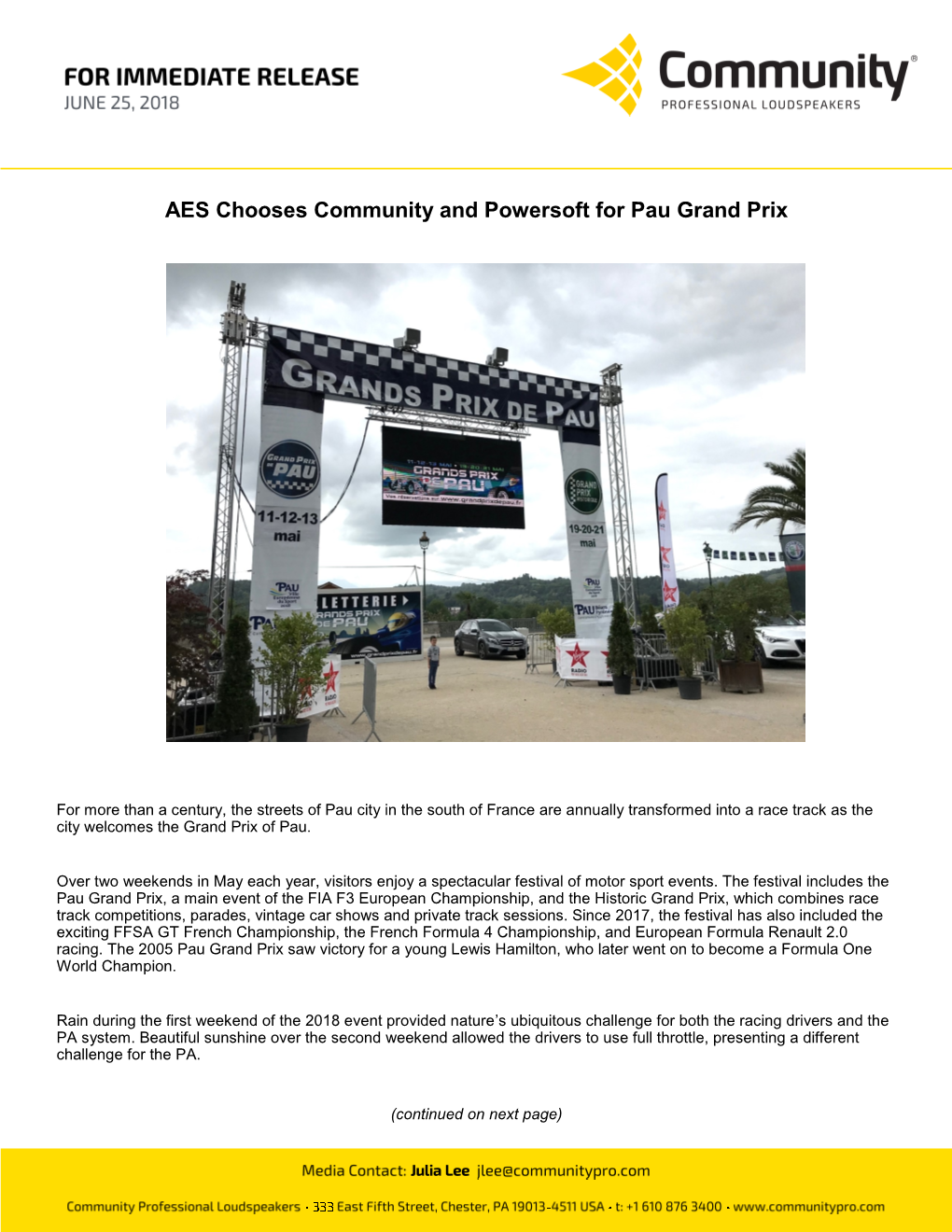 AES Chooses Community and Powersoft for Pau Grand Prix