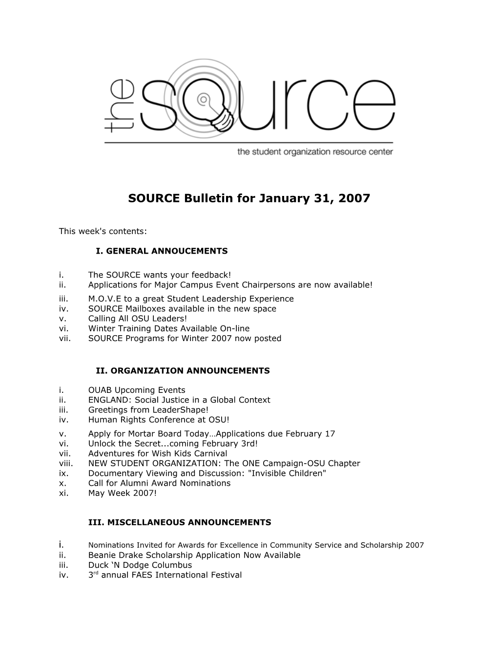 SOURCE Bulletin for January 31, 2007