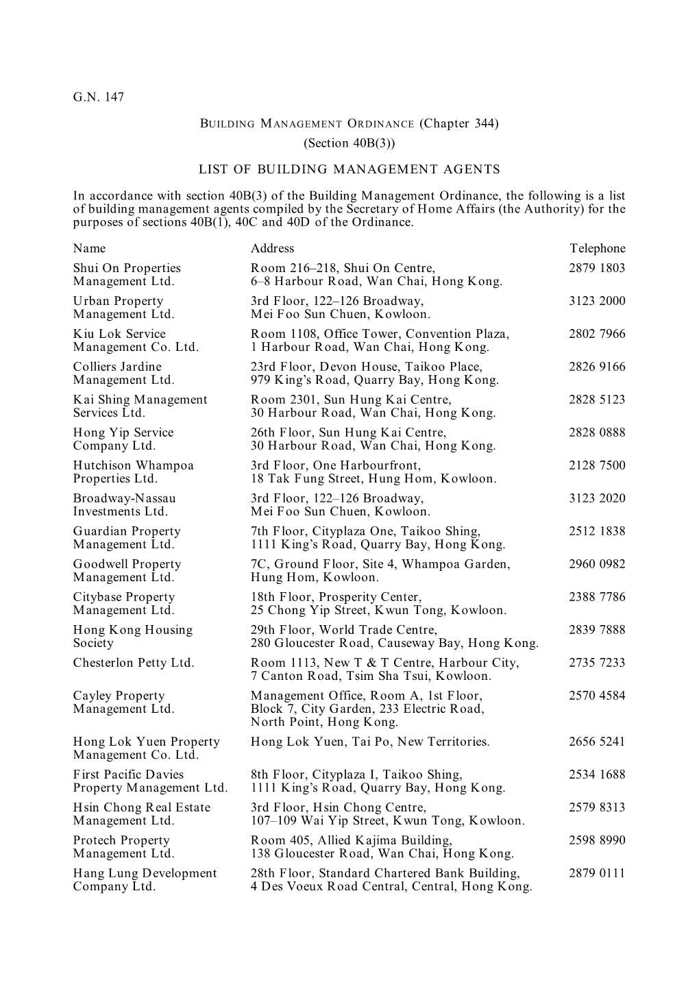 G.N. 147 BUILDING MANAGEMENT ORDINANCE (Chapter 344