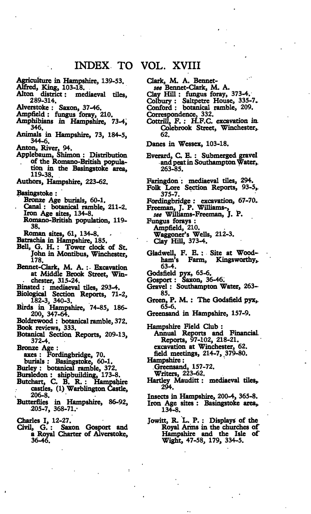 INDEX to VOL. XVIII Agriculture in Hampshire, 139-53