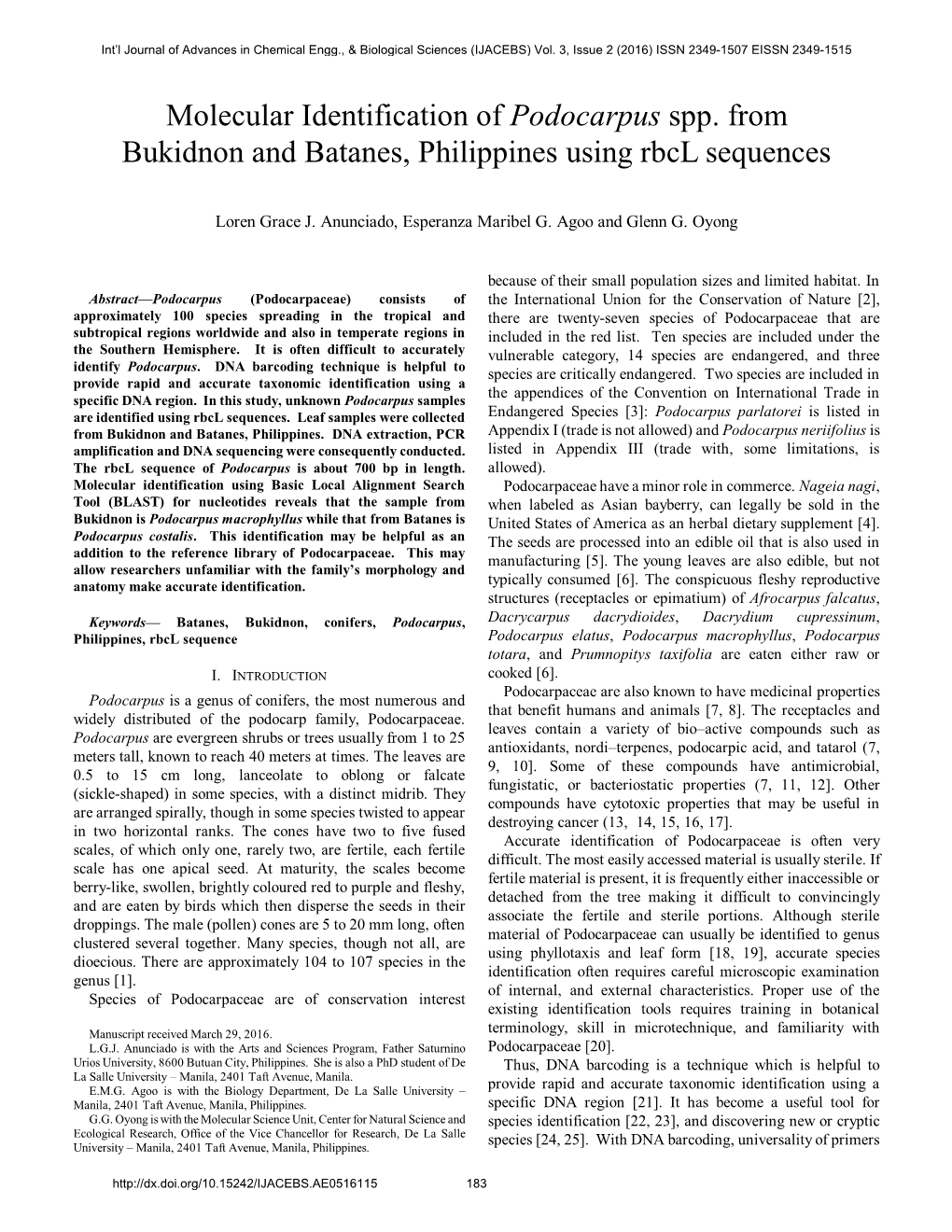 Molecular Identification of Podocarpus Spp. from Bukidnon and Batanes, Philippines Using Rbcl Sequences