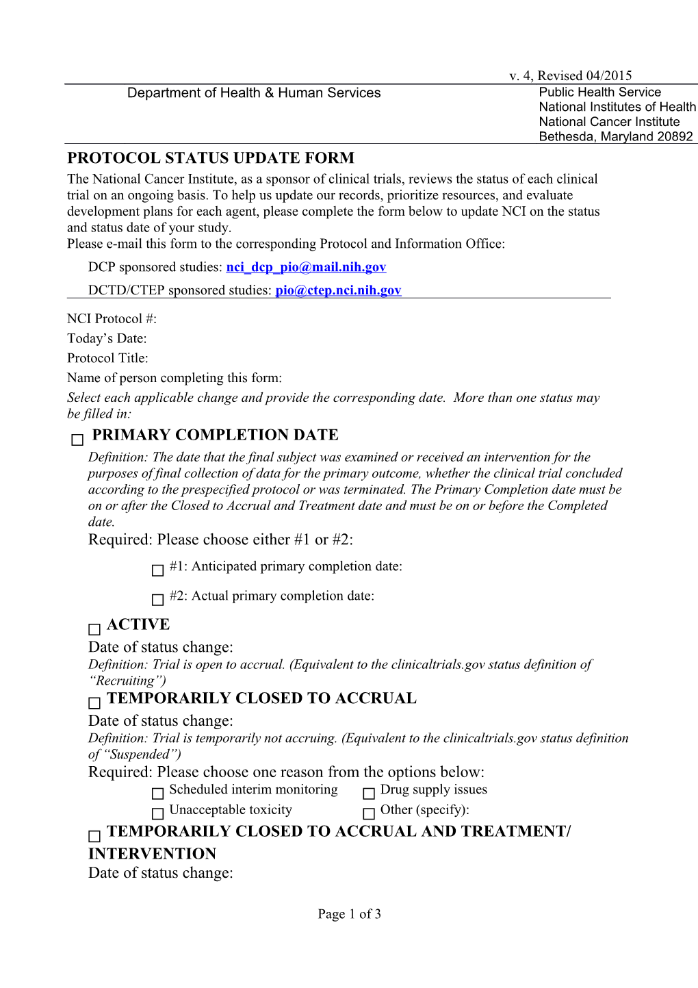 Protocol Status Update Form