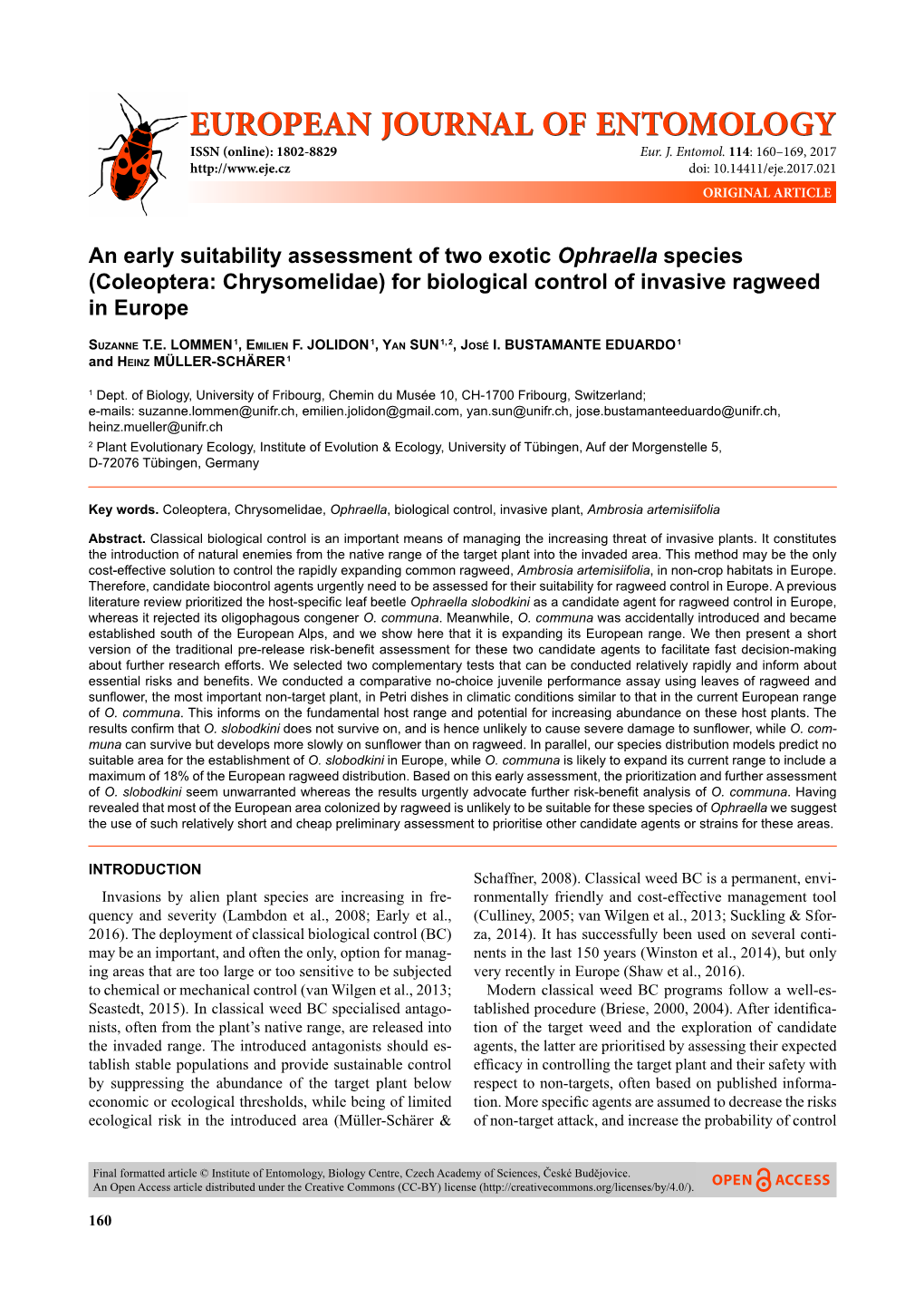 An Early Suitability Assessment of Two Exotic Ophraella Species (Coleoptera: Chrysomelidae) for Biological Control of Invasive Ragweed in Europe