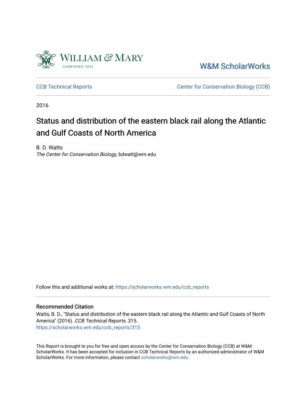 Status and Distribution of the Eastern Black Rail Along the Atlantic and Gulf Coasts of North America