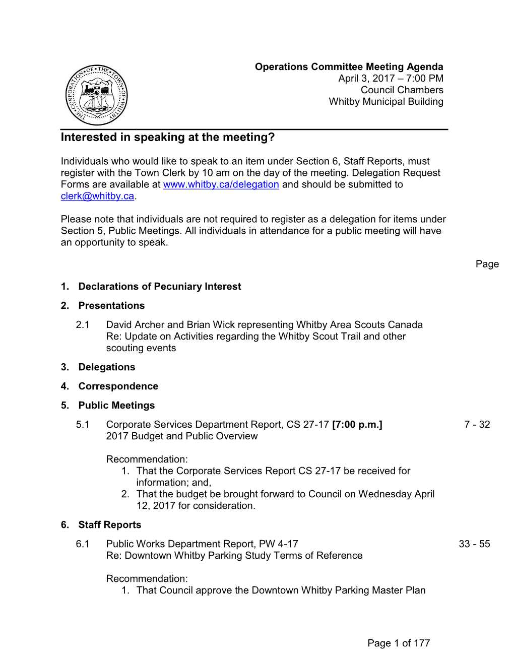 Operations Committee Meeting Agenda April 3, 2017 – 7:00 PM Council Chambers Whitby Municipal Building