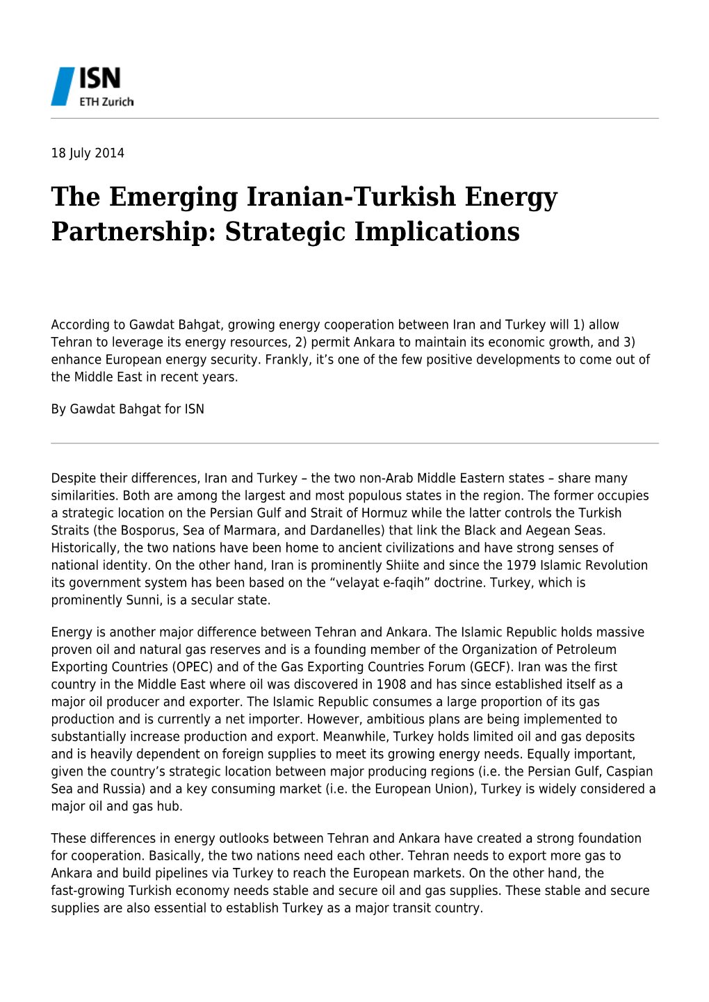 The Emerging Iranian-Turkish Energy Partnership: Strategic Implications