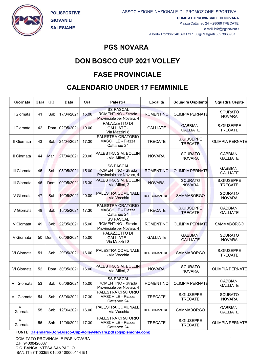 Pgs Novara Don Bosco Cup 2021 Volley Fase Provinciale Calendario Under 17 Femminile