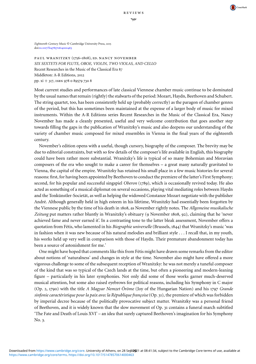 Reviews Nancy November Most Current Studies and Performances of Late Classical Viennese Chamber Music Continue to Be Dominated B