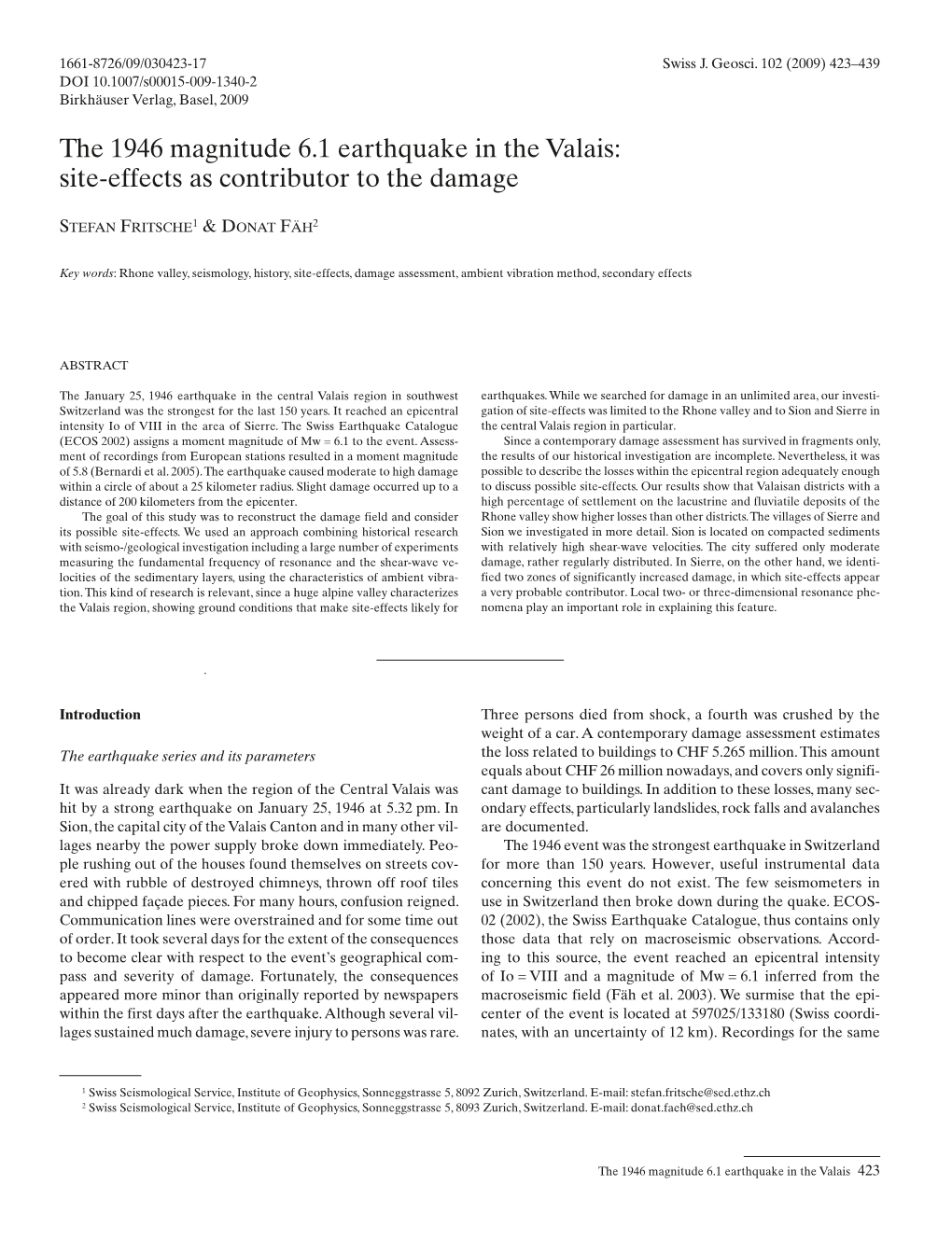 The 1946 Magnitude 6.1 Earthquake in the Valais: Site-Effects As Contributor to the Damage