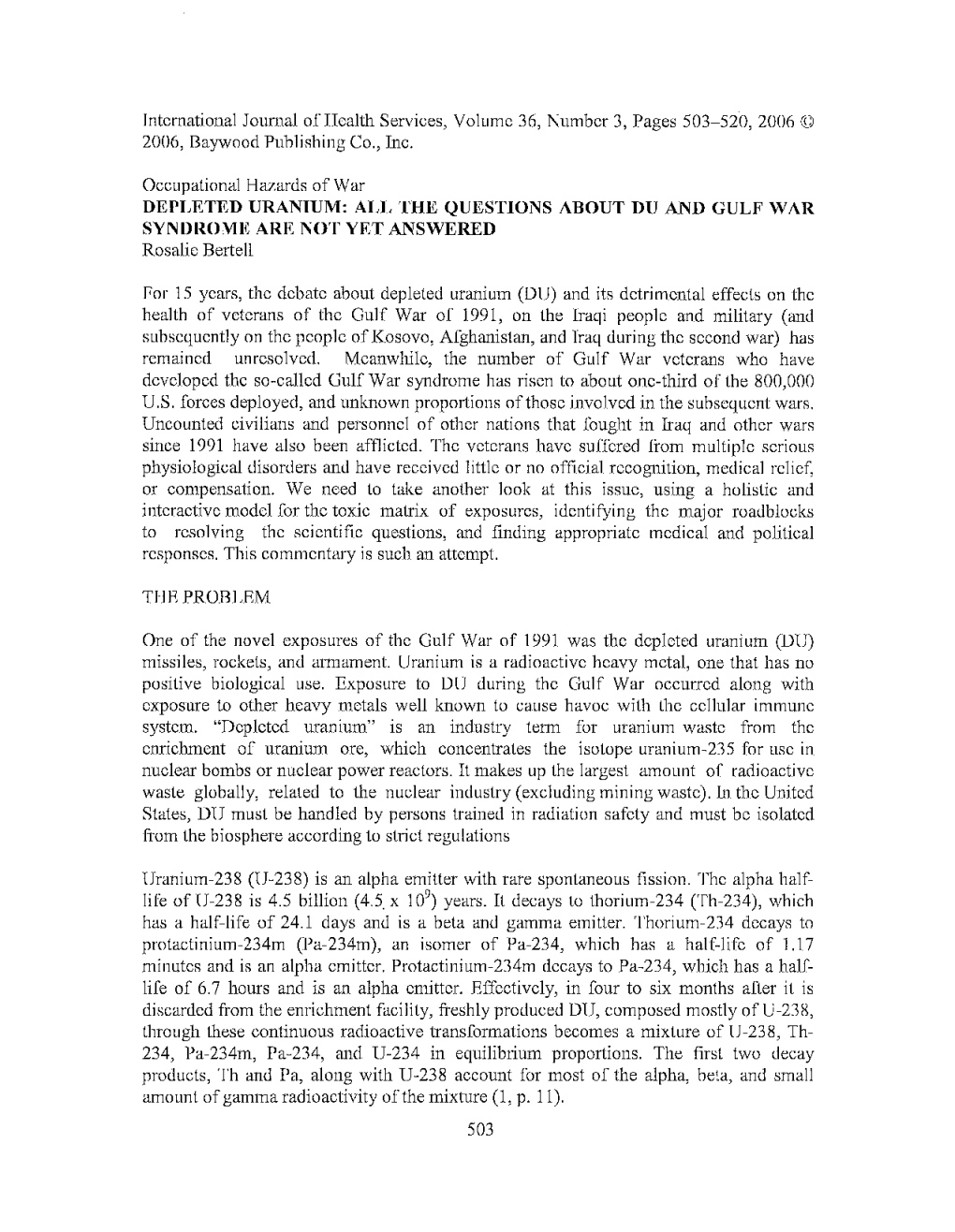 Public Comment: Uranium (Attachment); Rosalie Bertell; Roc; Jan. 19, 2012