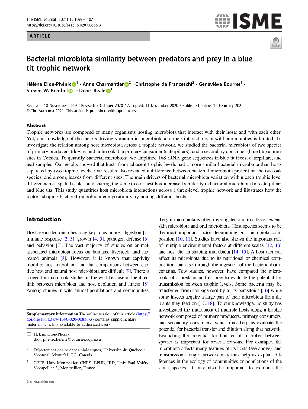 Bacterial Microbiota Similarity Between Predators and Prey in a Blue Tit Trophic Network