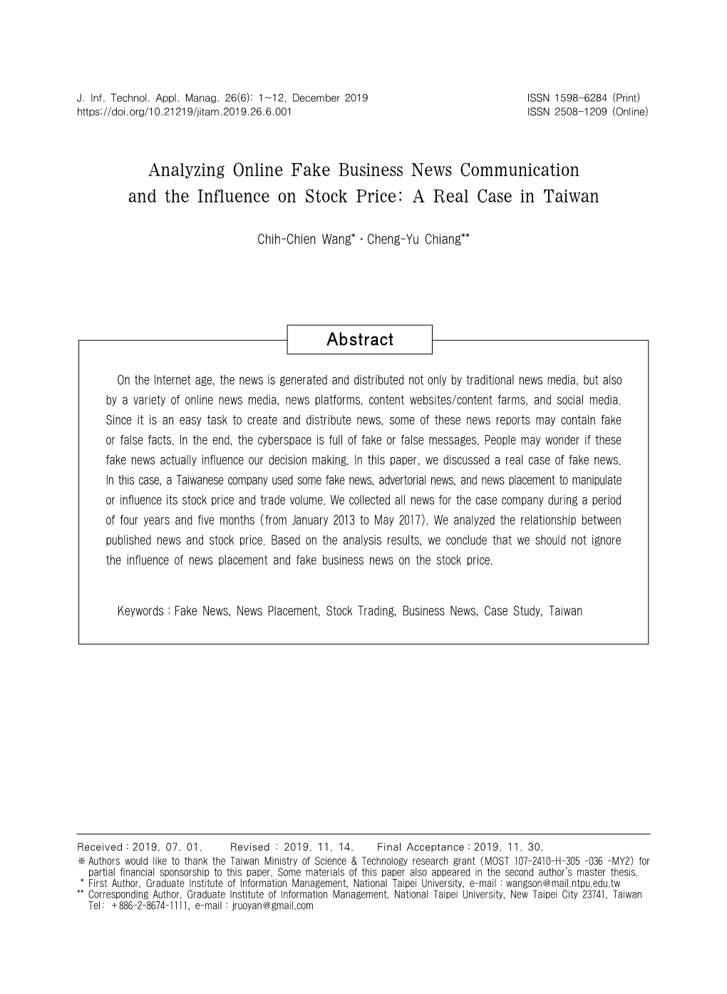 Analyzing Online Fake Business News Communication and the Influence on Stock Price: a Real Case in Taiwan