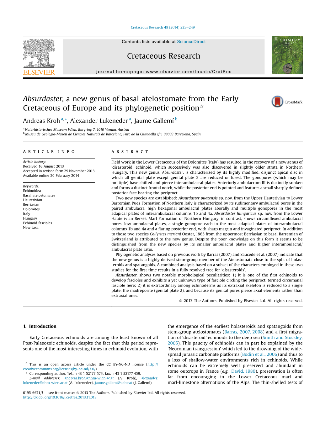 Absurdaster, a New Genus of Basal Atelostomate from the Early Cretaceous of Europe and Its Phylogenetic Positionq