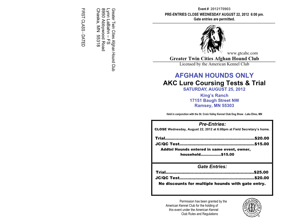 AFGHAN HOUNDS ONLY AKC Lure Coursing Tests & Trial
