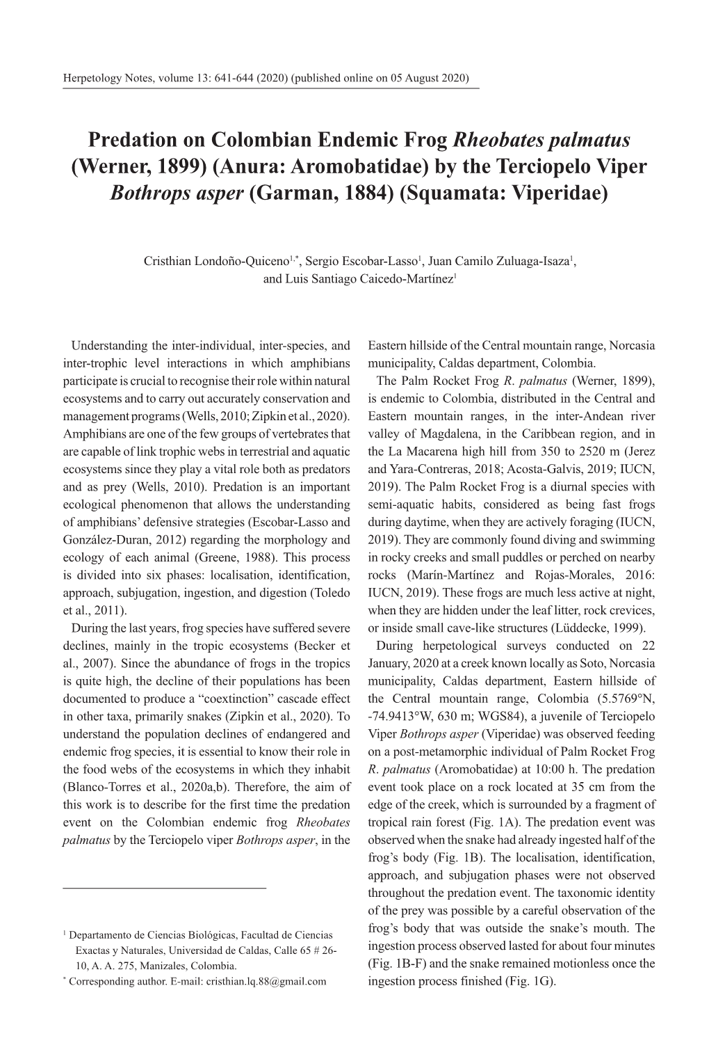 Predation on Colombian Endemic Frog Rheobates Palmatus (Werner, 1899) (Anura: Aromobatidae) by the Terciopelo Viper Bothrops