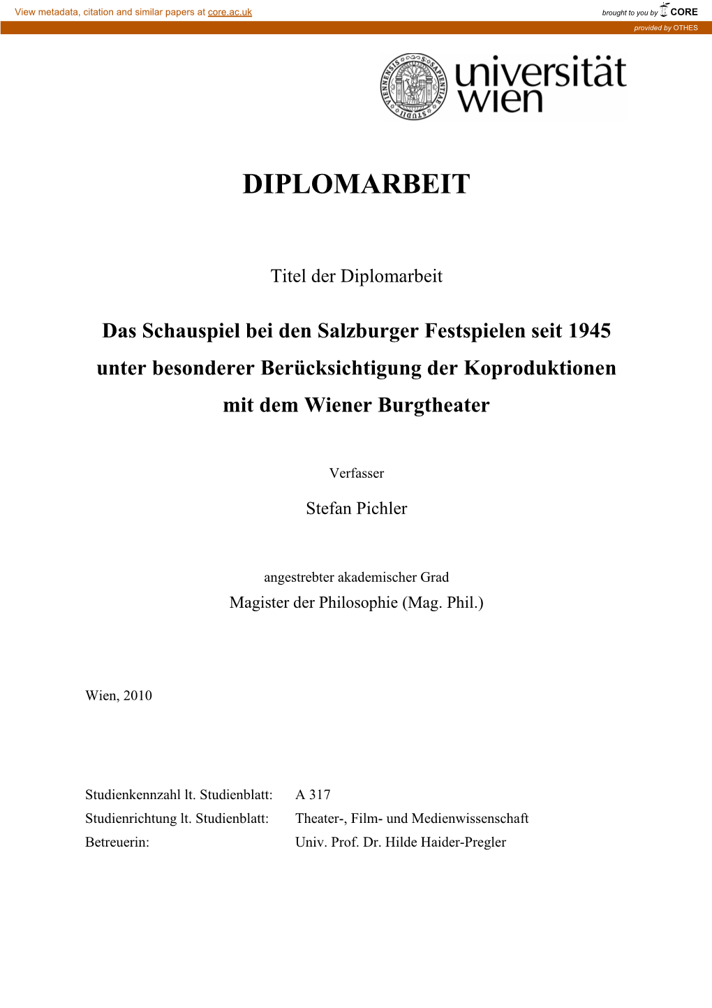 Salzburger Festspielen Seit 1945 Unter Besonderer Berücksichtigung Der Koproduktionen Mit Dem Wiener Burgtheater