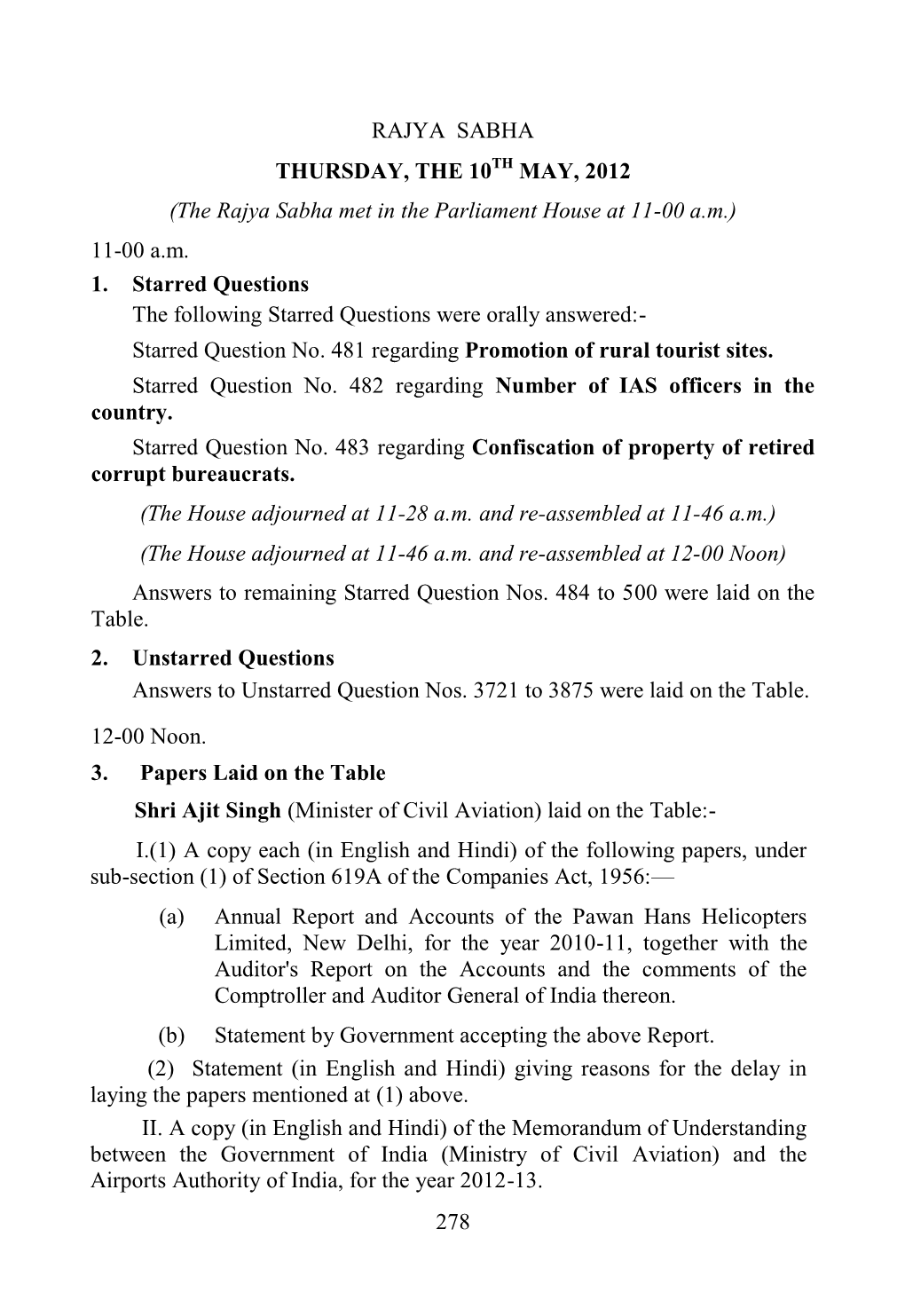 The Rajya Sabha Met in the Parliament House at 11-00 Am