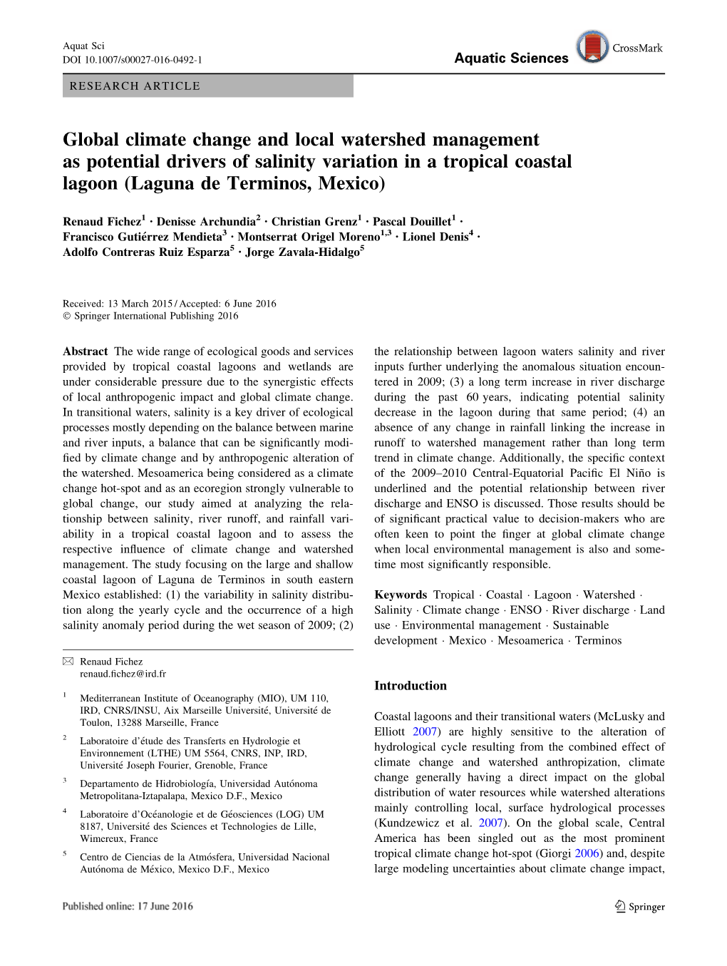 Global Climate Change and Local Watershed Management As Potential Drivers of Salinity Variation in a Tropical Coastal Lagoon (Laguna De Terminos, Mexico)