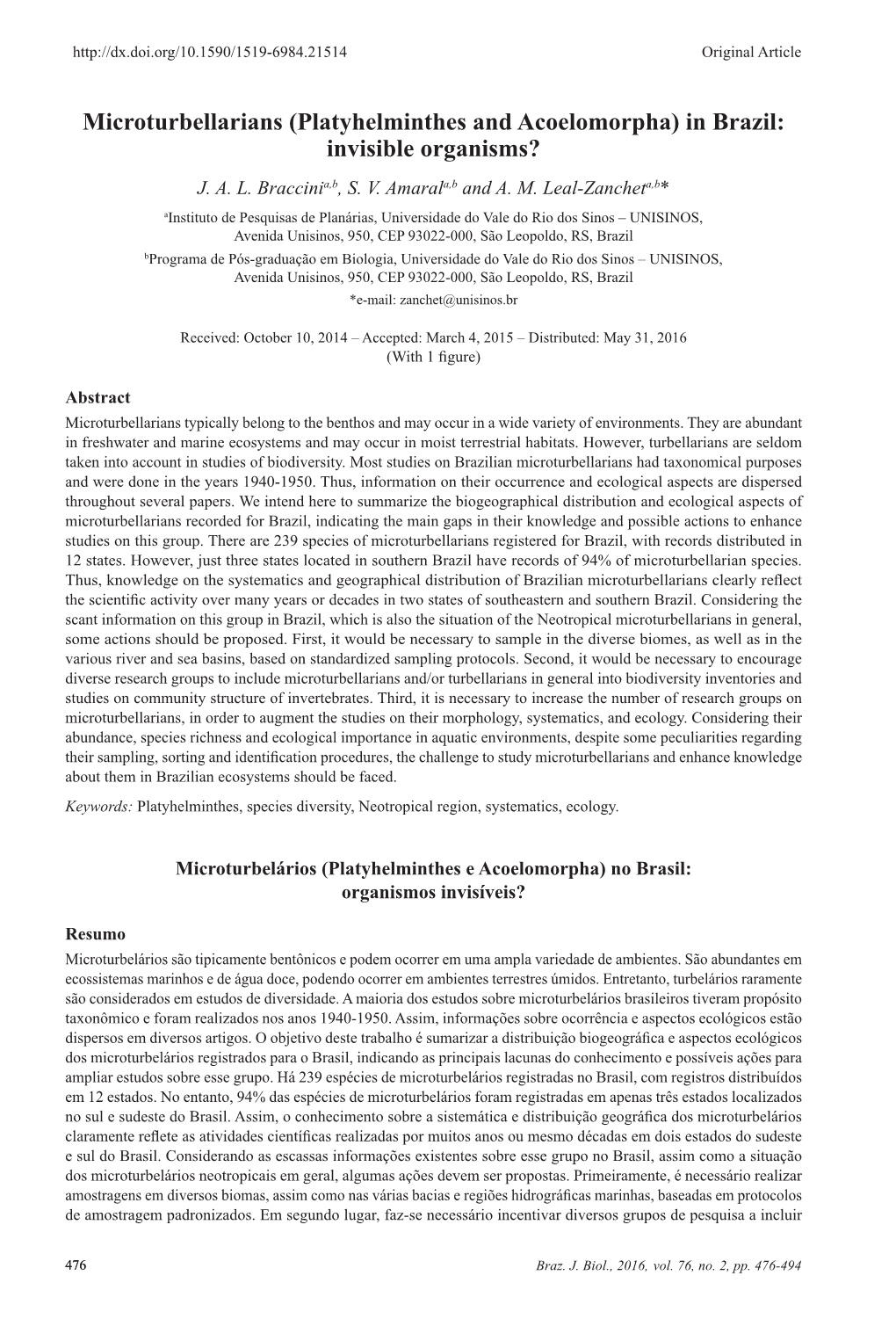 Microturbellarians (Platyhelminthes and Acoelomorpha) in Brazil: Invisible Organisms? J